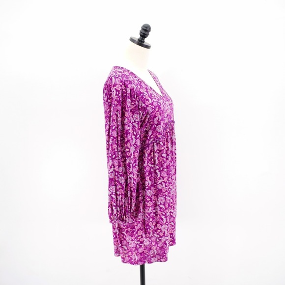 Old Navy XS V-Neck Floral Purple Dress Long Bishop Sleeve Cotton Viscose‎ - Picture 6 of 8